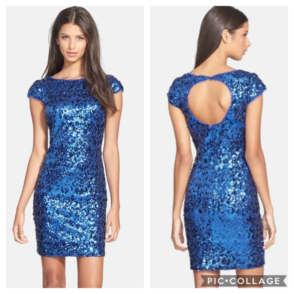 AIDAN MATTOX cobalt blue cutout sequin sheath cocktail dress size 8
